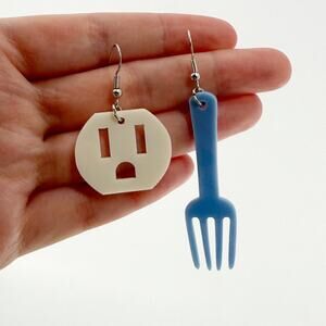 Mismatched Outlet & Fork Earrings, Quirky Jewelry, Novelty Earrings, Fun Gifts